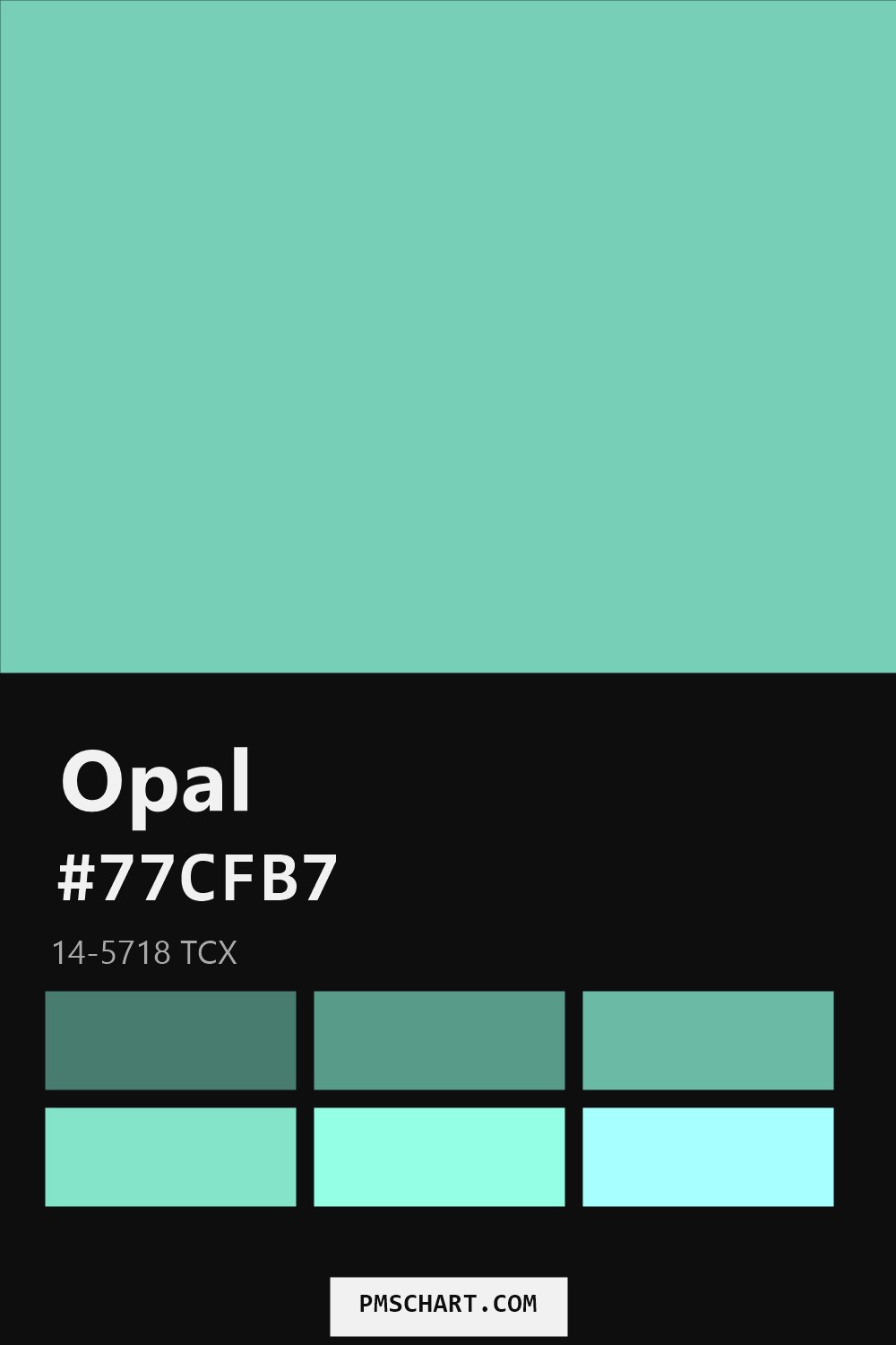 Pantone Opal 14-5718 TCX color reference card (HEX #77CFB7) with six nearest Pantone matches