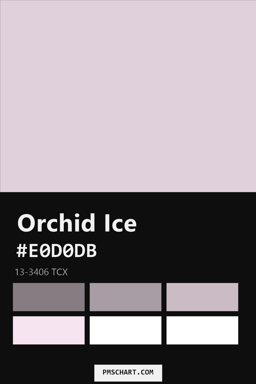Pantone Orchid Ice 13-3406 TCX color reference card (HEX #E0D0DB) with six nearest Pantone matches