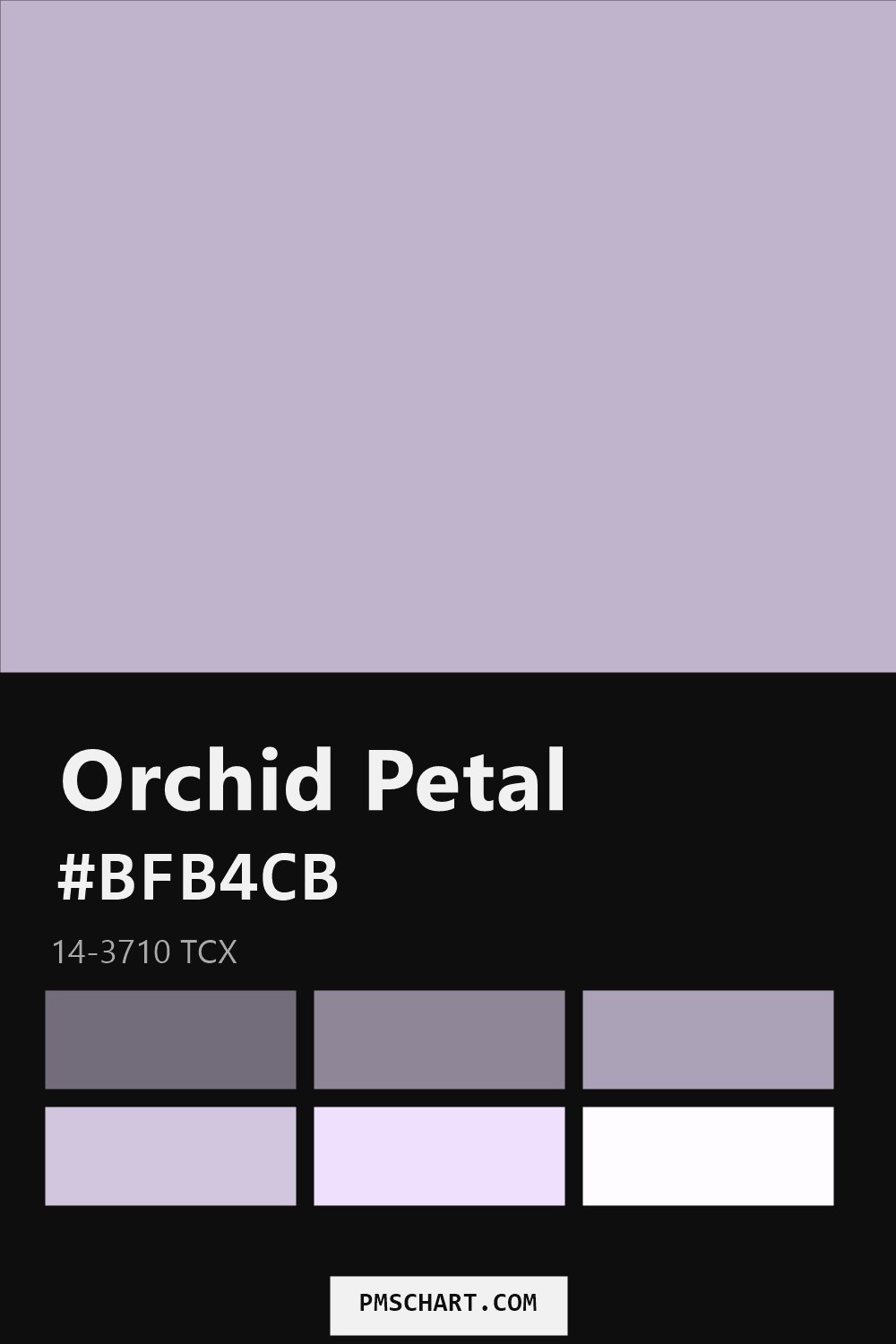 Pantone Orchid Petal 14-3710 TCX color reference card (HEX #BFB4CB) with six nearest Pantone matches