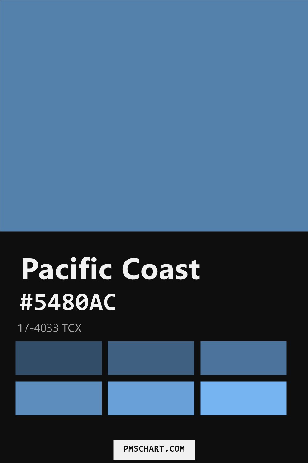 Pantone Pacific Coast 17-4033 TCX color reference card (HEX #5480AC) with six nearest Pantone matches