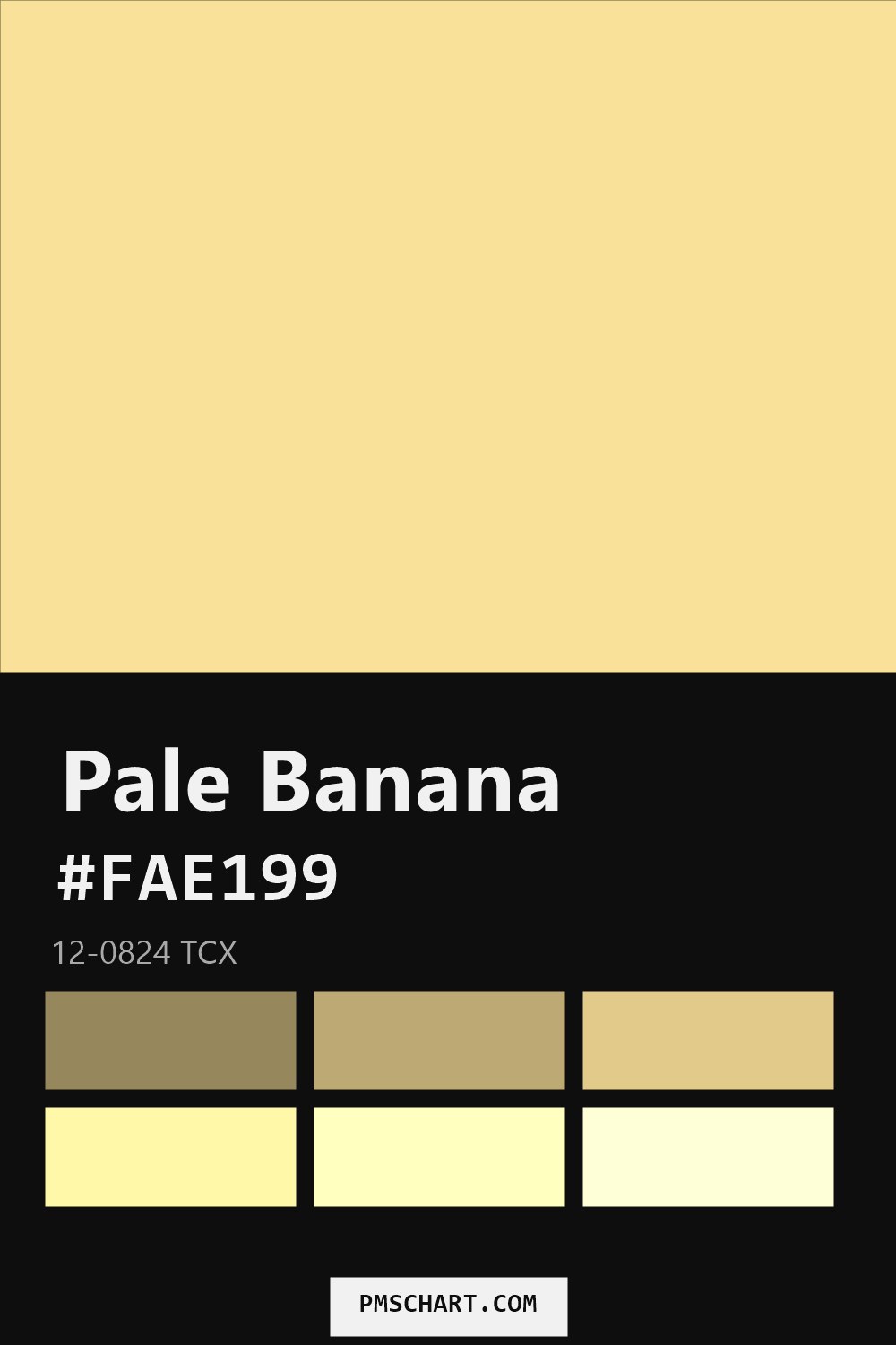 Pantone Pale Banana 12-0824 TCX color reference card (HEX #FAE199) with six nearest Pantone matches