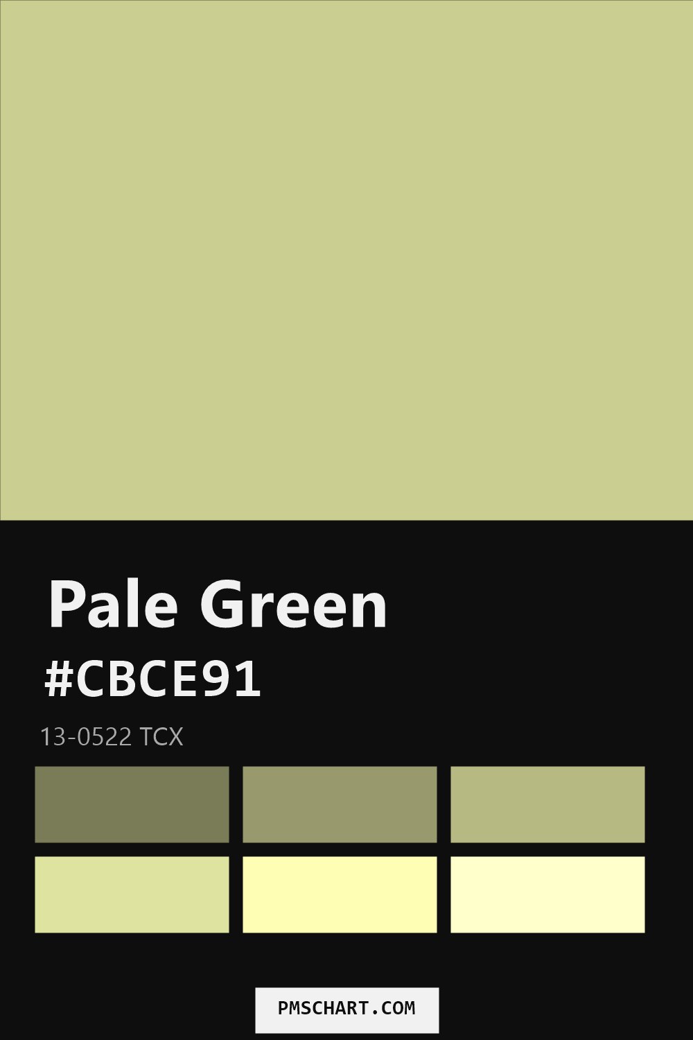 Pantone Pale Green 13-0522 TCX color reference card (HEX #CBCE91) with six nearest Pantone matches