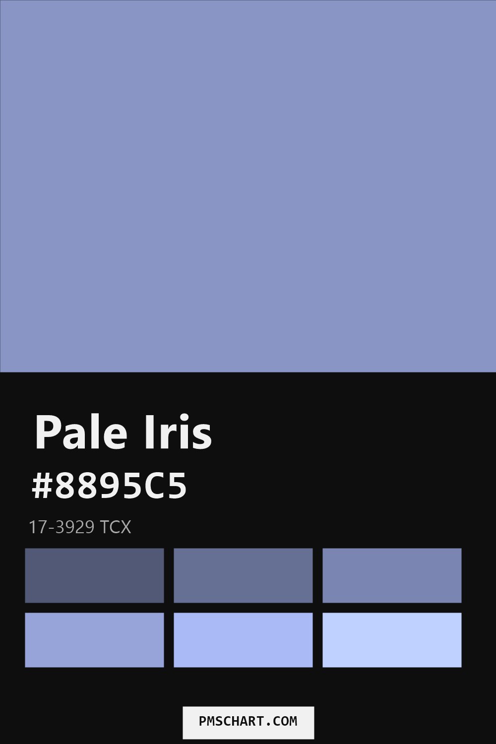 Pantone Pale Iris 17-3929 TCX color reference card (HEX #8895C5) with six nearest Pantone matches
