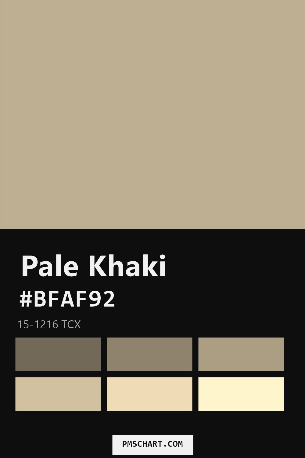 Pantone Pale Khaki 15-1216 TCX color reference card (HEX #BFAF92) with six nearest Pantone matches