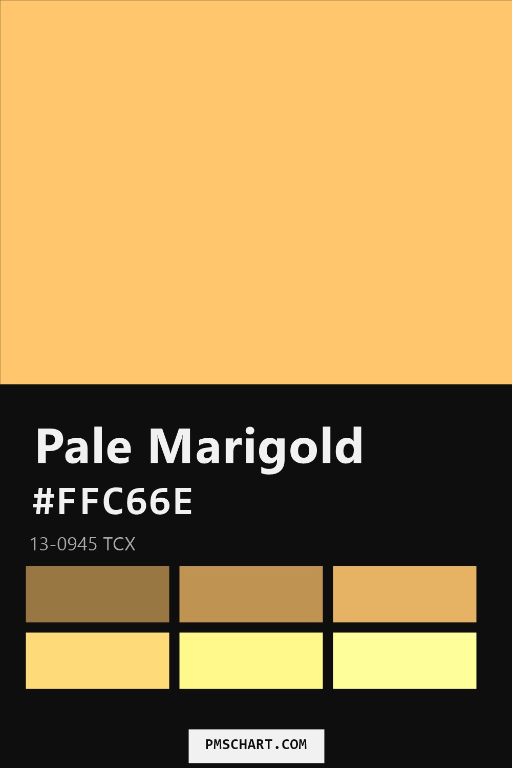 Pantone Pale Marigold 13-0945 TCX color reference card (HEX #FFC66E) with six nearest Pantone matches