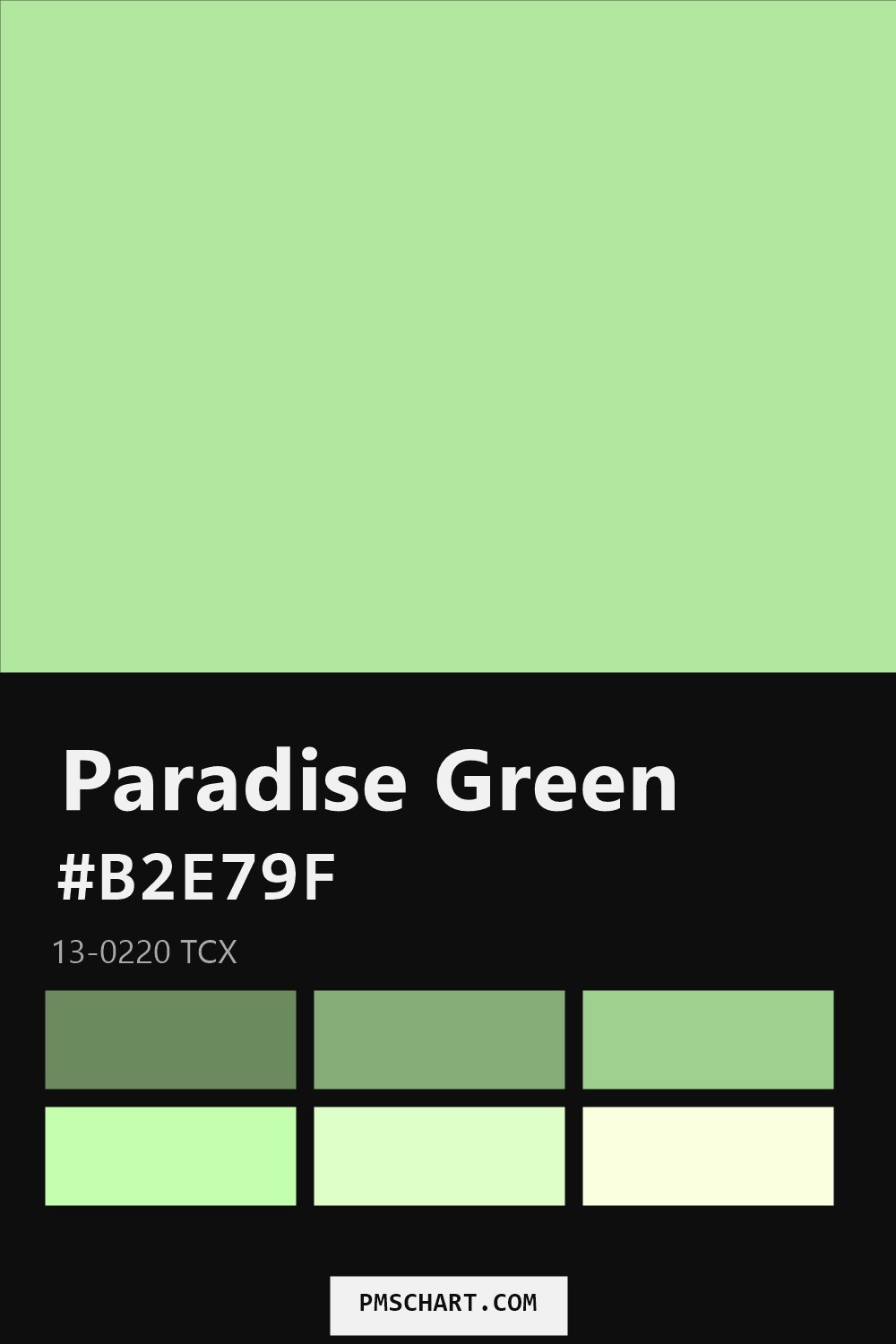 Pantone Paradise Green 13-0220 TCX color reference card (HEX #B2E79F) with six nearest Pantone matches