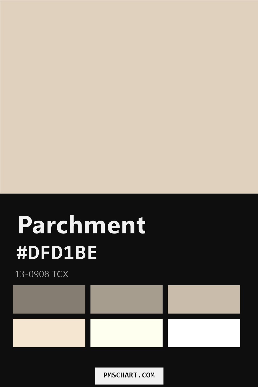 Pantone Parchment 13-0908 TCX color reference card (HEX #DFD1BE) with six nearest Pantone matches