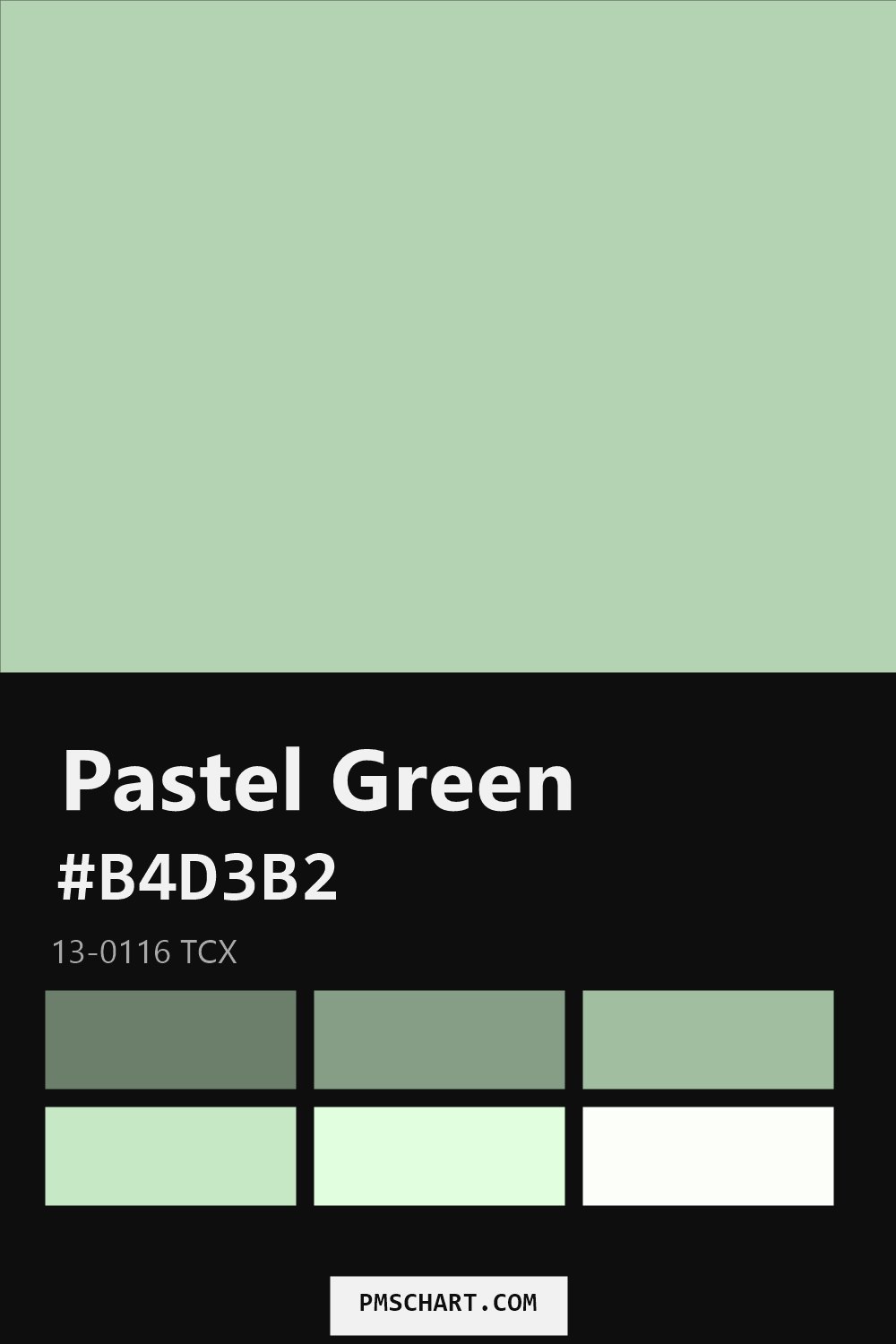 Pantone Pastel Green 13-0116 TCX color reference card (HEX #B4D3B2) with six nearest Pantone matches