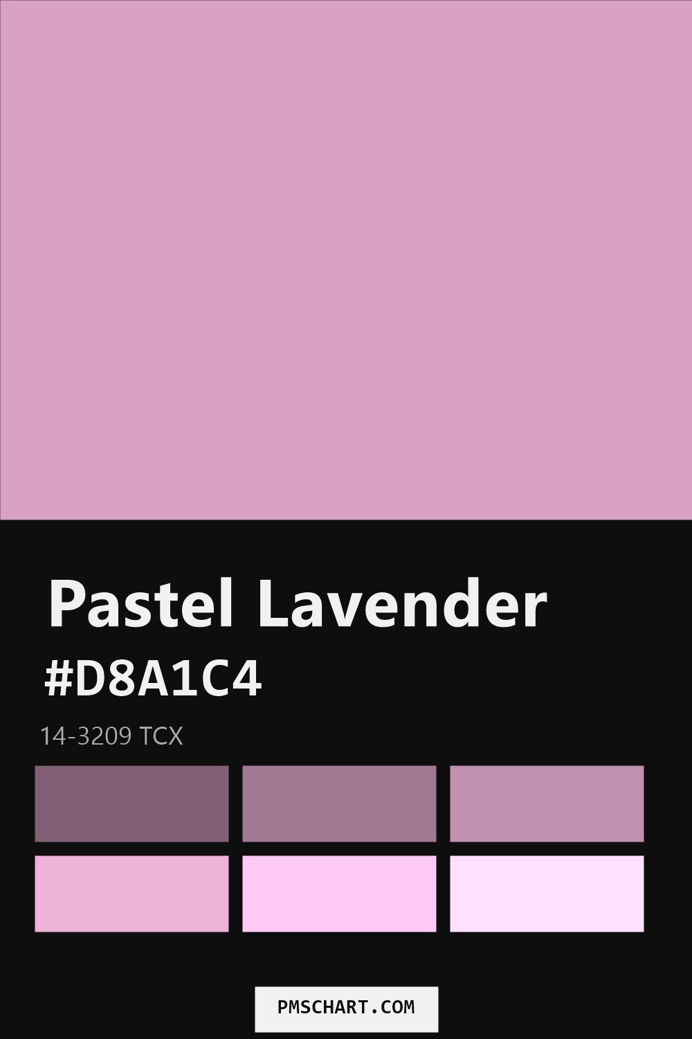 Pantone Pastel Lavender 14-3209 TCX color reference card (HEX #D8A1C4) with six nearest Pantone matches