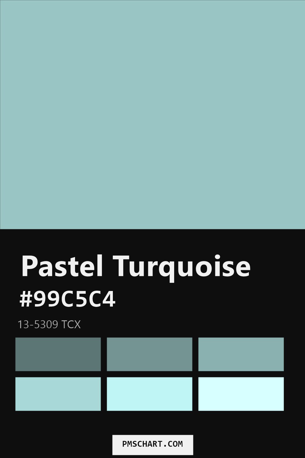 Pantone Pastel Turquoise 13-5309 TCX color reference card (HEX #99C5C4) with six nearest Pantone matches
