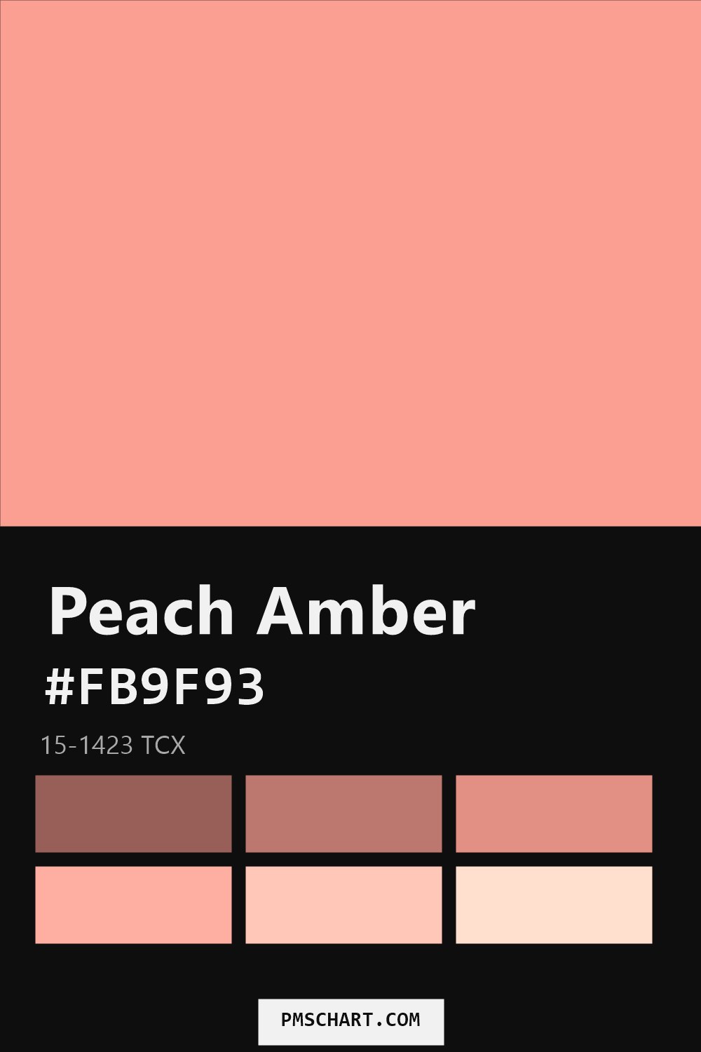 Pantone Peach Amber 15-1423 TCX color reference card (HEX #FB9F93) with six nearest Pantone matches