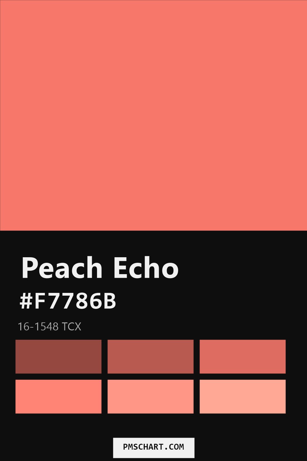 Pantone Peach Echo 16-1548 TCX color reference card (HEX #F7786B) with six nearest Pantone matches