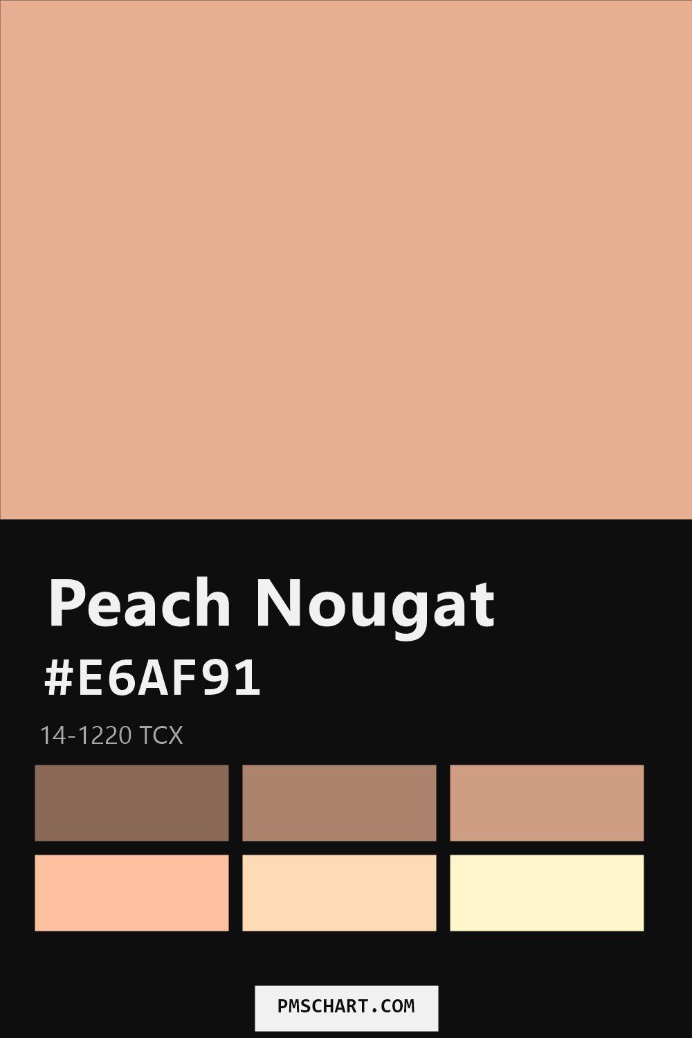 Pantone Peach Nougat 14-1220 TCX color reference card (HEX #E6AF91) with six nearest Pantone matches