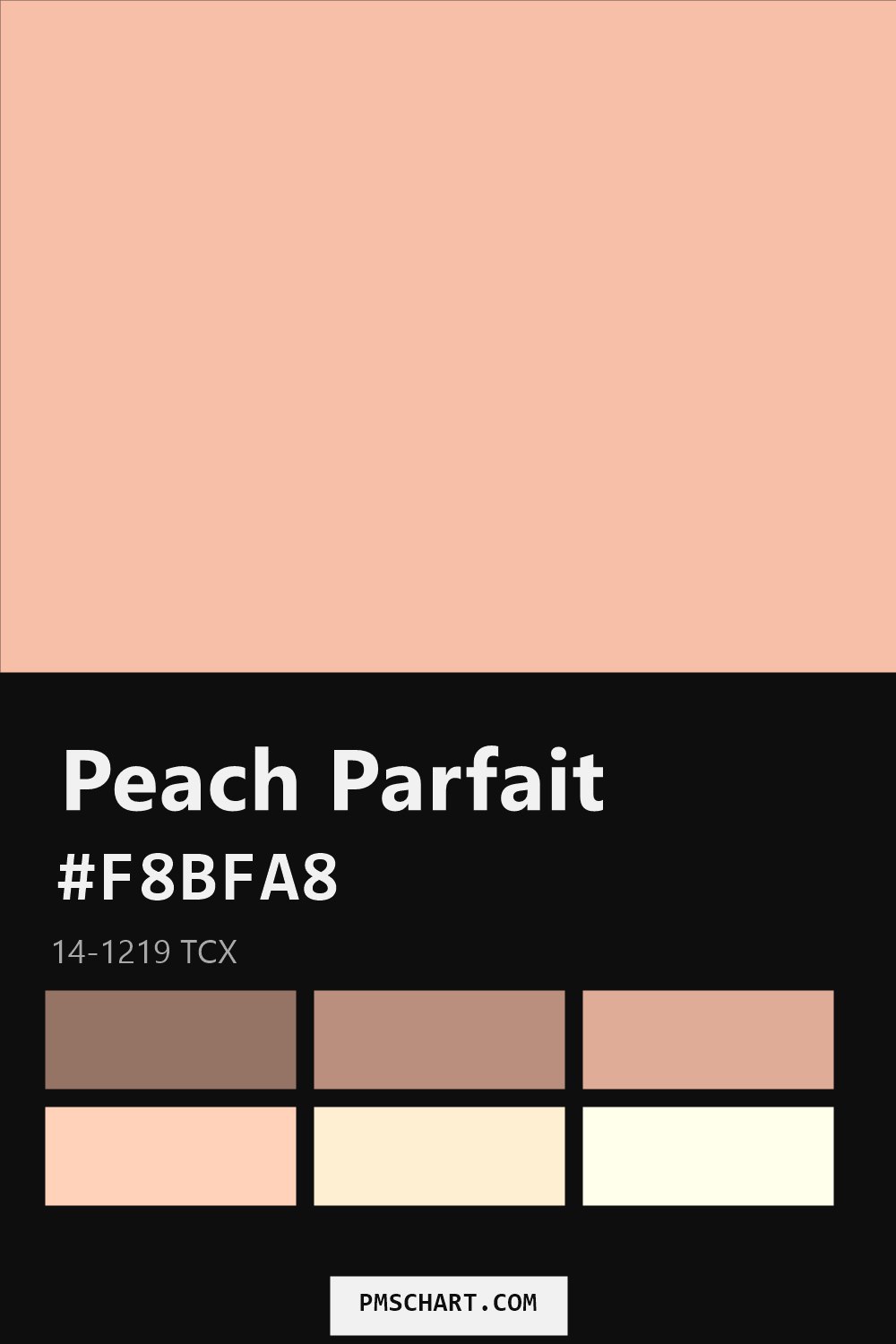 Pantone Peach Parfait 14-1219 TCX color reference card (HEX #F8BFA8) with six nearest Pantone matches