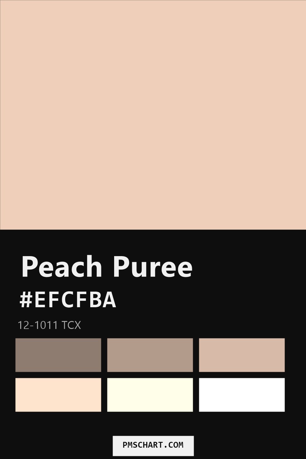 Pantone Peach Puree 12-1011 TCX color reference card (HEX #EFCFBA) with six nearest Pantone matches
