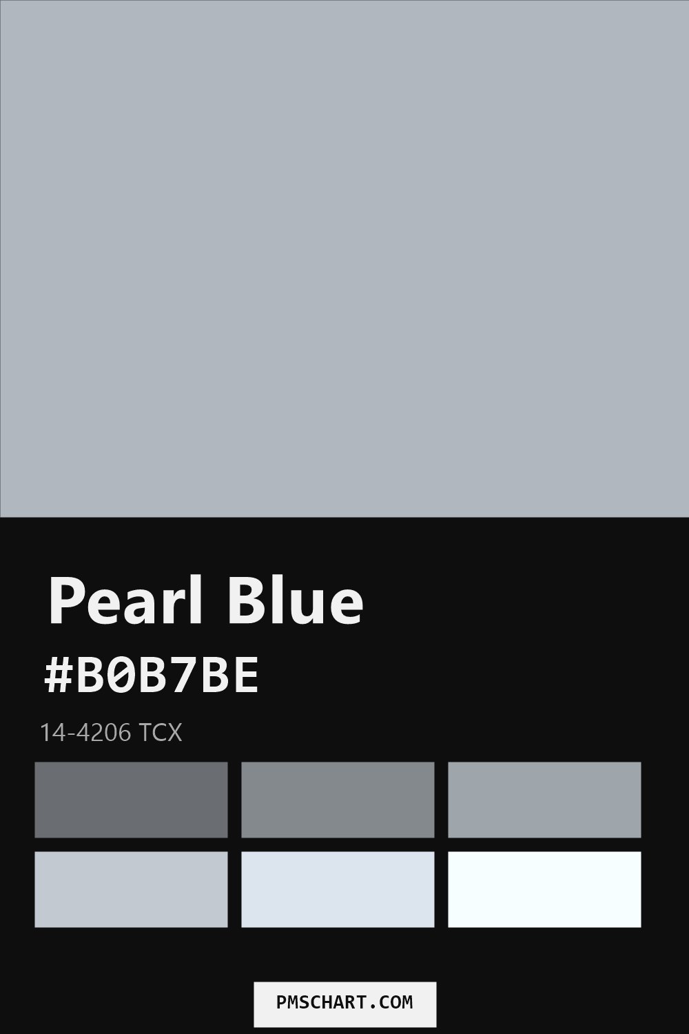 Pantone Pearl Blue 14-4206 TCX color reference card (HEX #B0B7BE) with six nearest Pantone matches