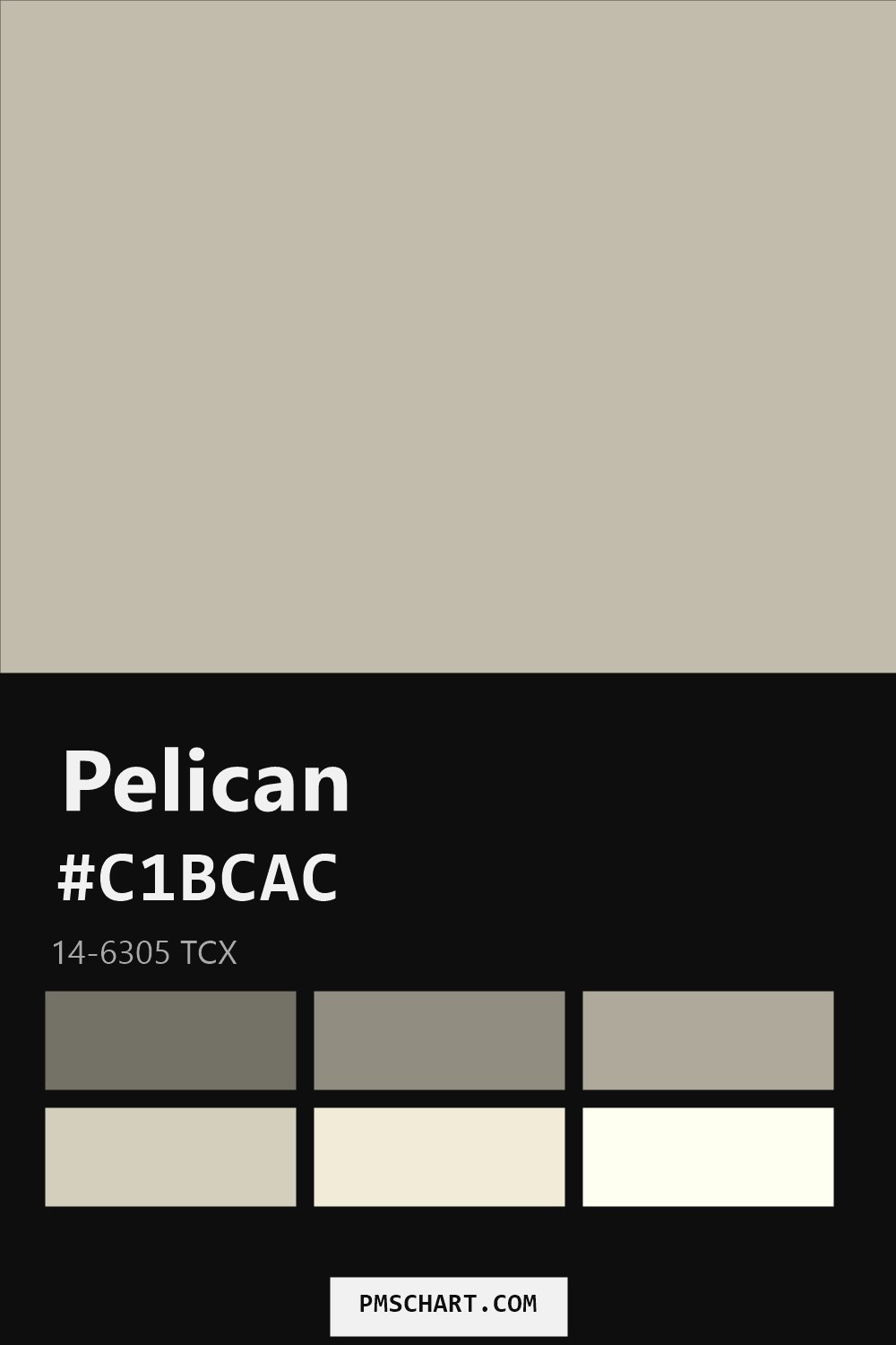 Pantone Pelican 14-6305 TCX color reference card (HEX #C1BCAC) with six nearest Pantone matches