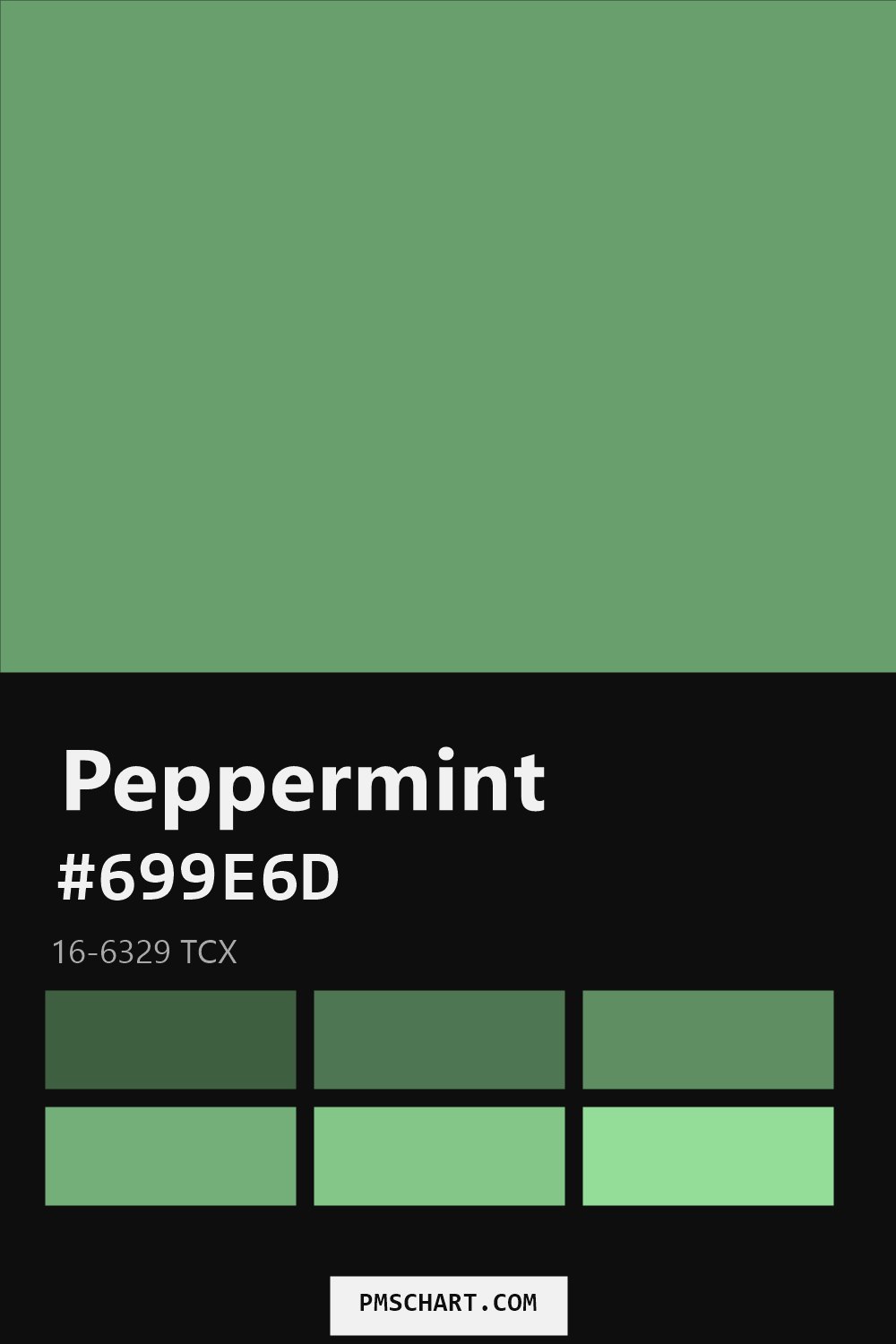 Pantone Peppermint 16-6329 TCX color reference card (HEX #699E6D) with six nearest Pantone matches
