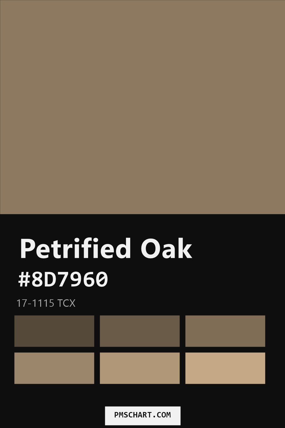 Pantone Petrified Oak 17-1115 TCX color reference card (HEX #8D7960) with six nearest Pantone matches