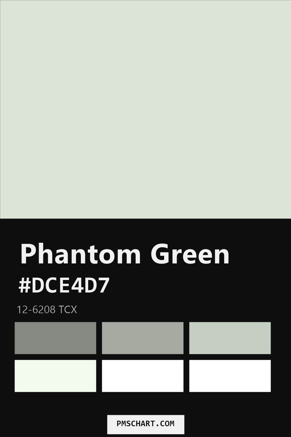Pantone Phantom Green 12-6208 TCX color reference card (HEX #DCE4D7) with six nearest Pantone matches