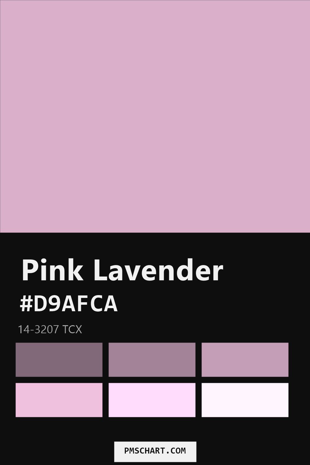 Pantone Pink Lavender 14-3207 TCX color reference card (HEX #D9AFCA) with six nearest Pantone matches
