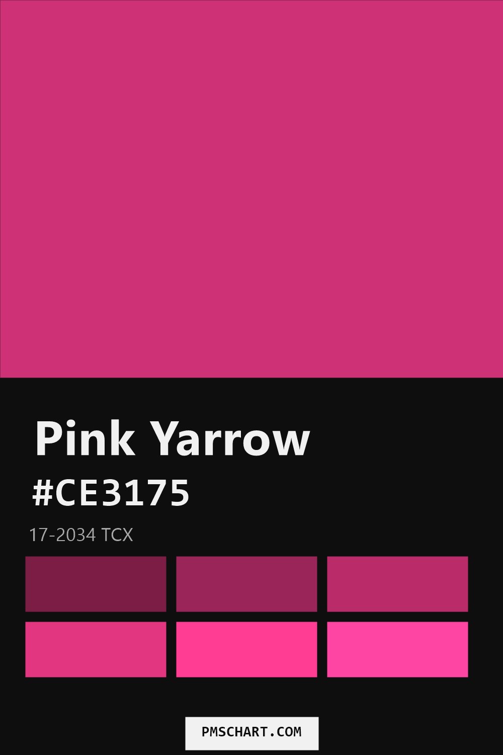 Pantone Pink Yarrow 17-2034 TCX color reference card (HEX #CE3175) with six nearest Pantone matches