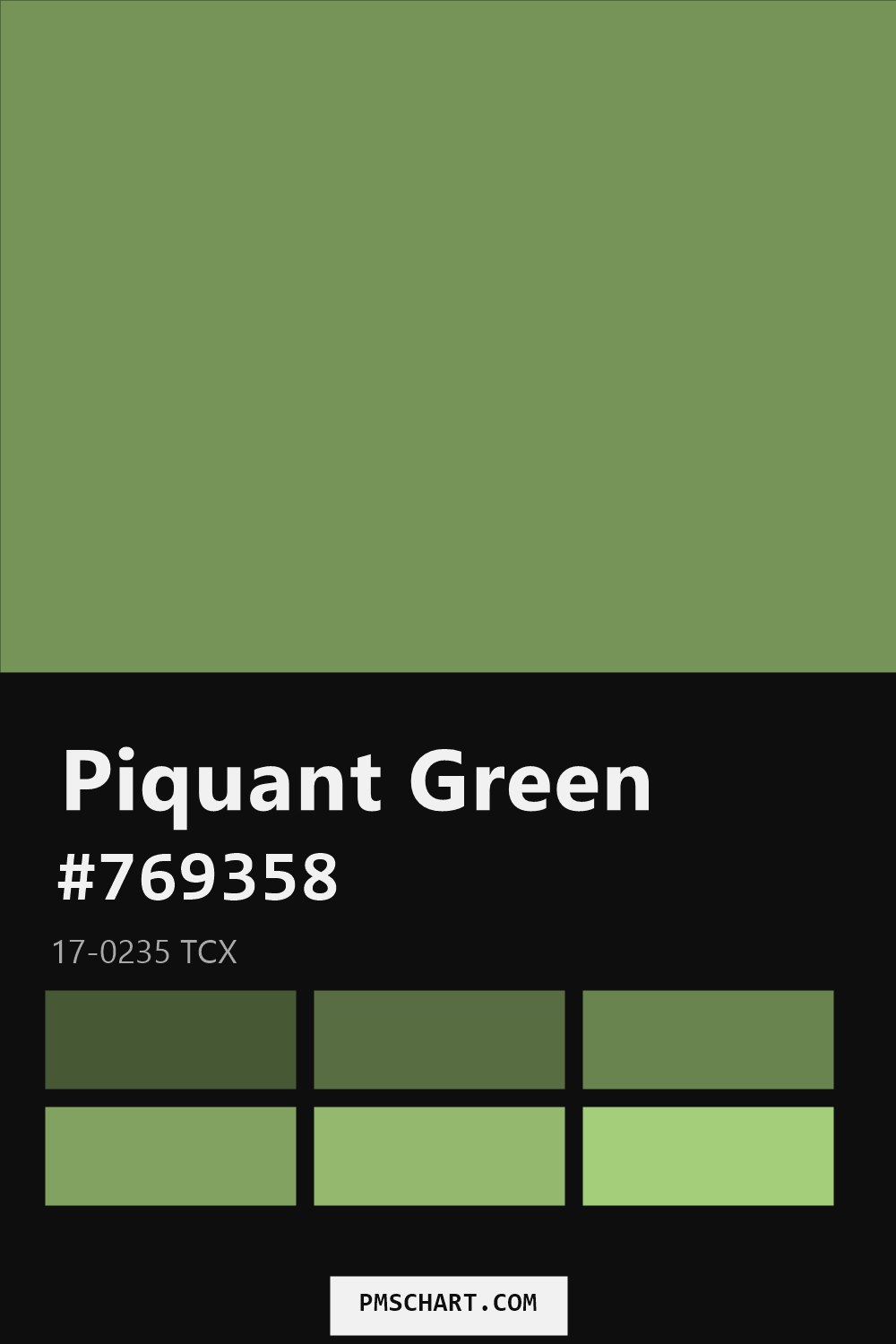 Pantone Piquant Green 17-0235 TCX color reference card (HEX #769358) with six nearest Pantone matches