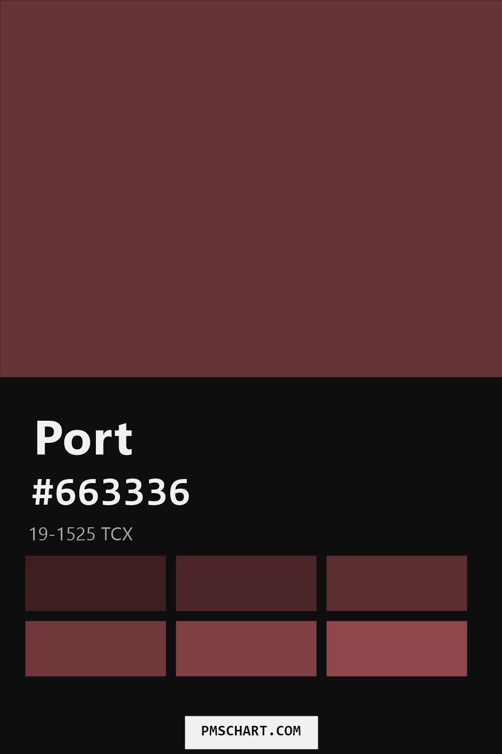 Pantone Port 19-1525 TCX color reference card (HEX #663336) with six nearest Pantone matches