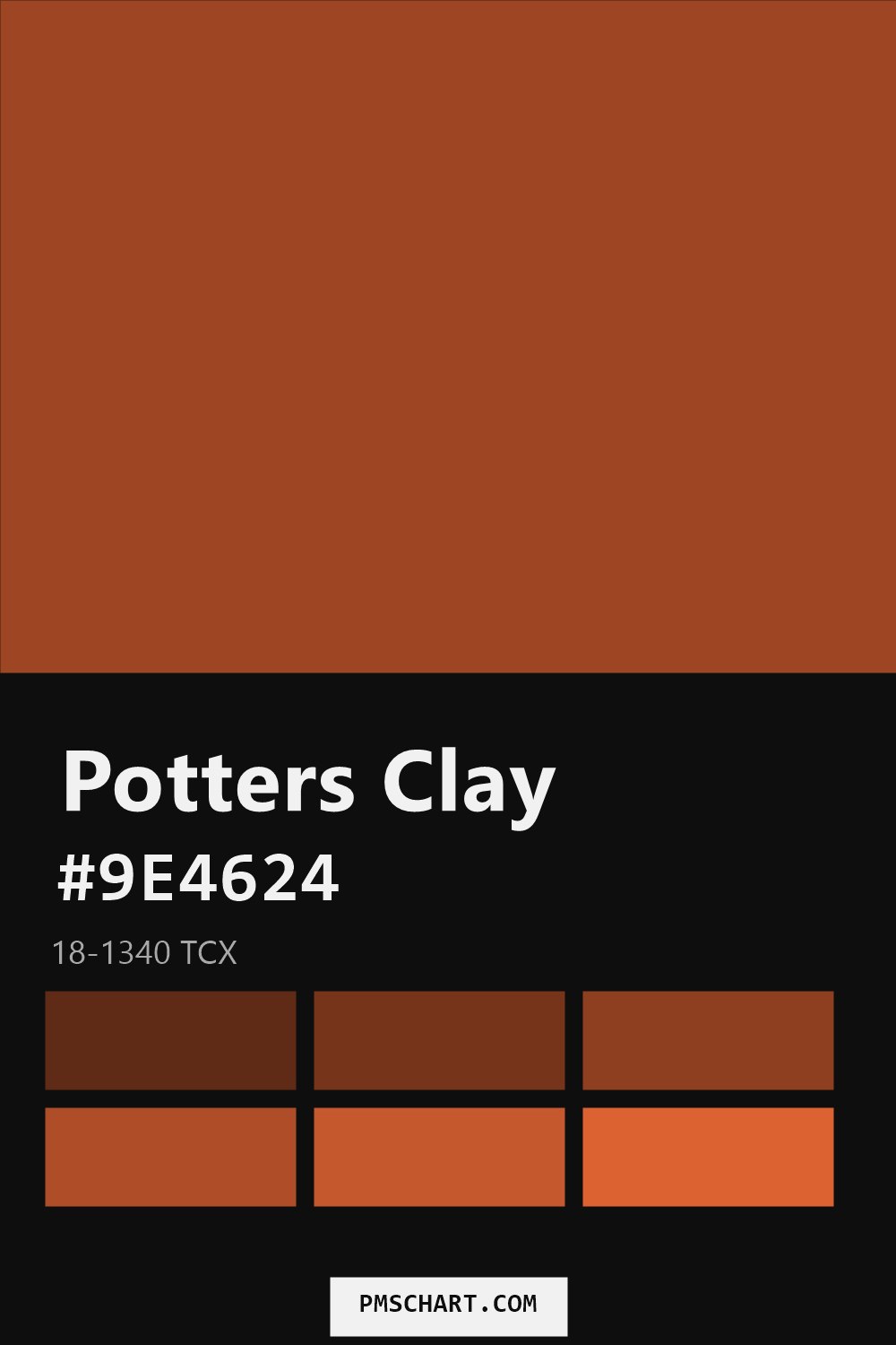 Pantone Potters Clay 18-1340 TCX color reference card (HEX #9E4624) with six nearest Pantone matches