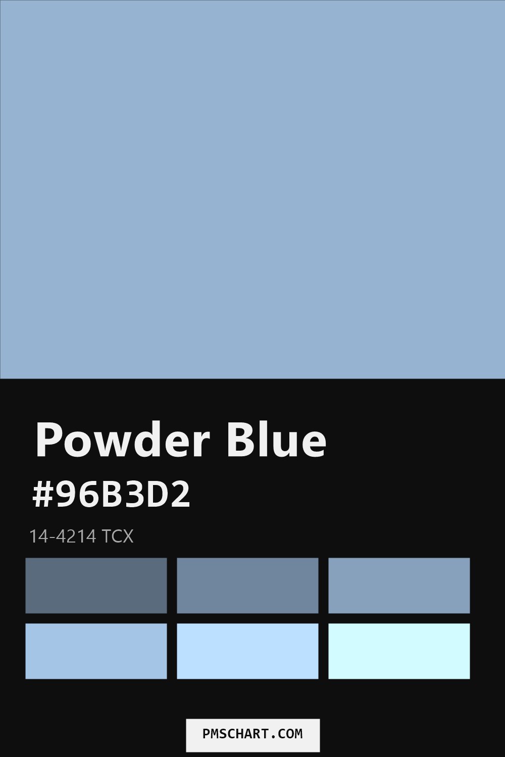 Pantone Powder Blue 14-4214 TCX color reference card (HEX #96B3D2) with six nearest Pantone matches