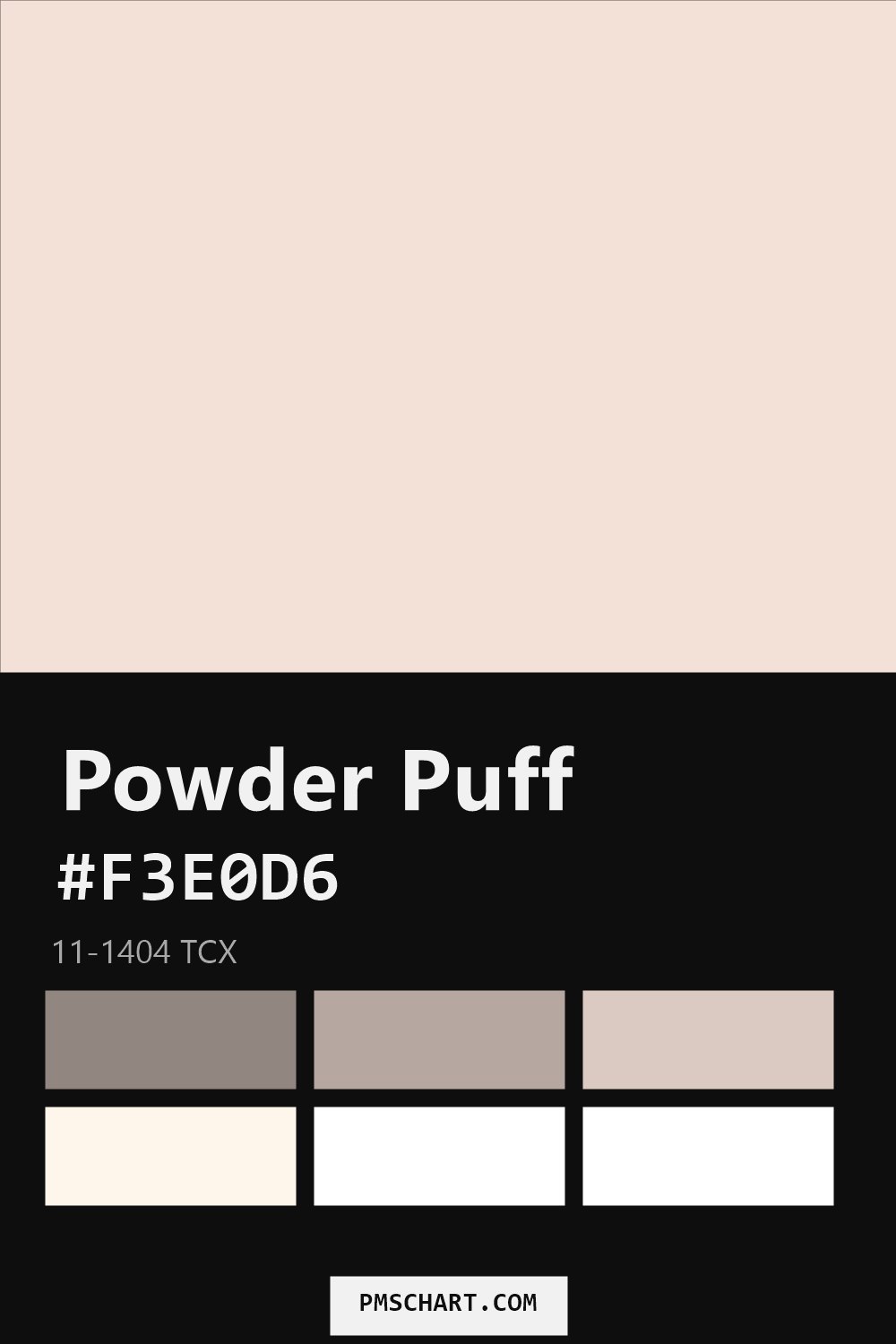 Pantone Powder Puff 11-1404 TCX color reference card (HEX #F3E0D6) with six nearest Pantone matches