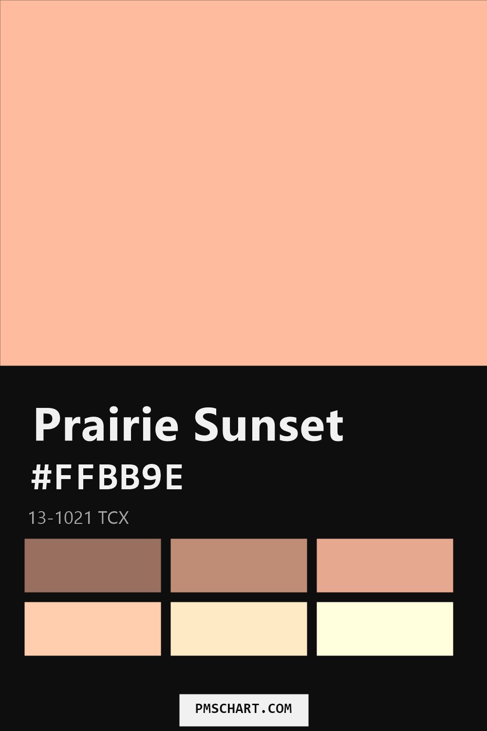 Pantone Prairie Sunset 13-1021 TCX color reference card (HEX #FFBB9E) with six nearest Pantone matches