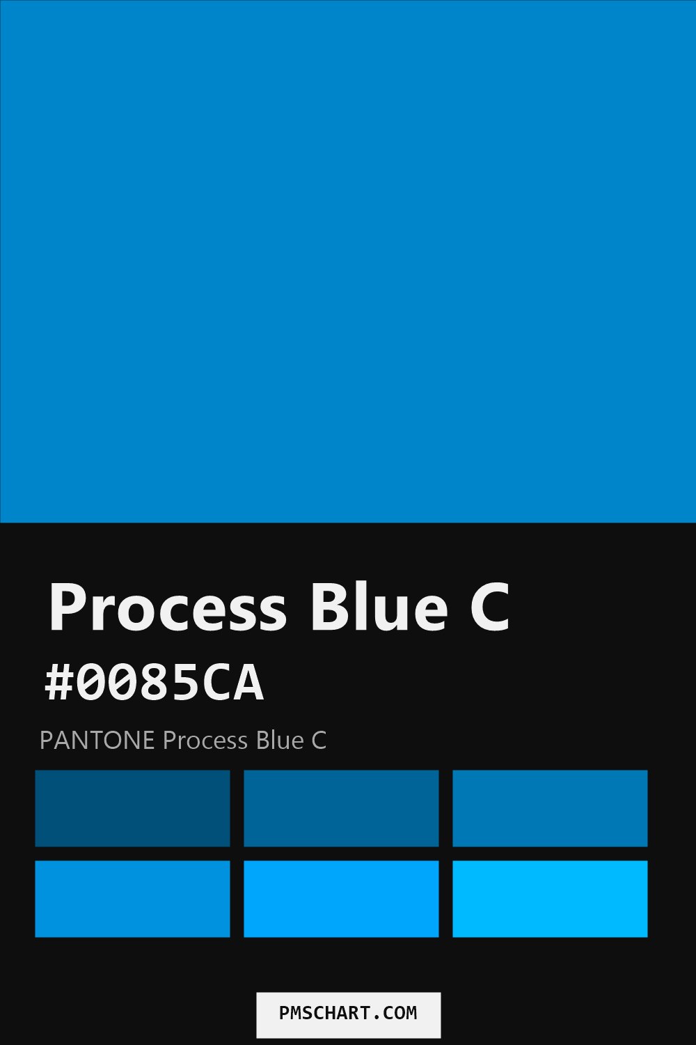 Pantone Process Blue C color reference card (HEX #0085CA) with six nearest Pantone matches