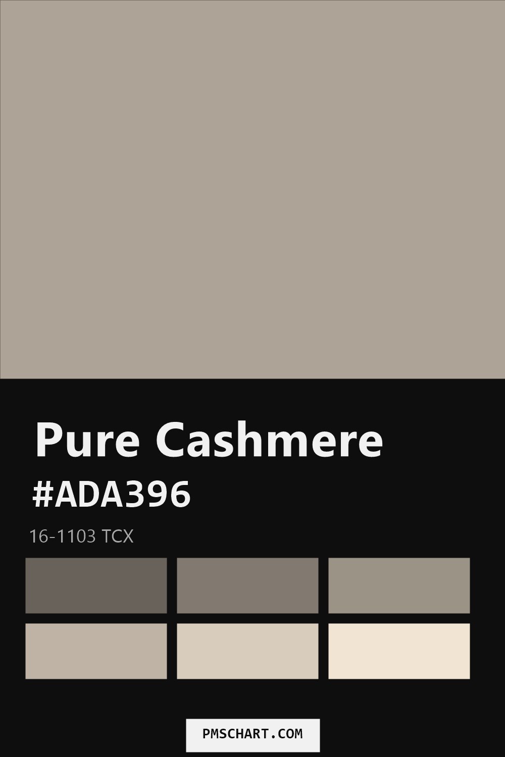 Pantone Pure Cashmere 16-1103 TCX color reference card (HEX #ADA396) with six nearest Pantone matches