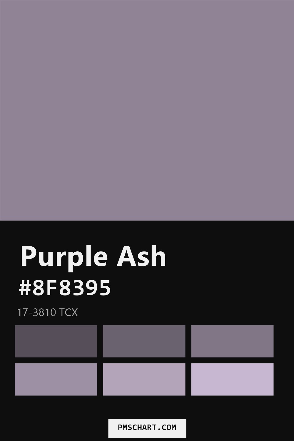 Pantone Purple Ash 17-3810 TCX color reference card (HEX #8F8395) with six nearest Pantone matches