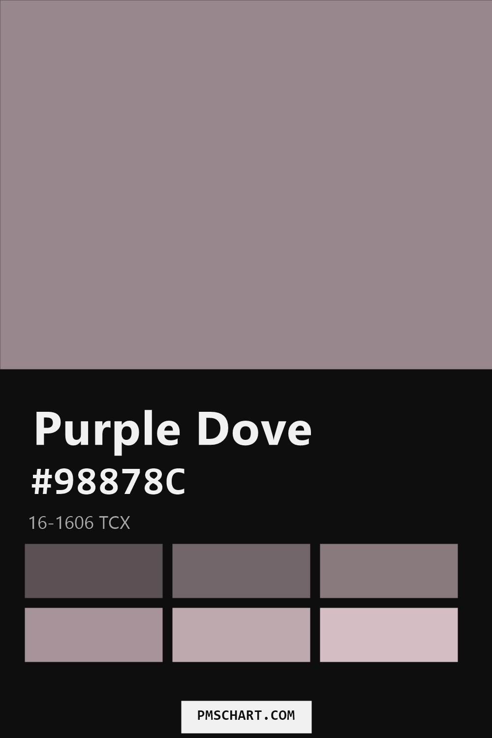 Pantone Purple Dove 16-1606 TCX color reference card (HEX #98878C) with six nearest Pantone matches