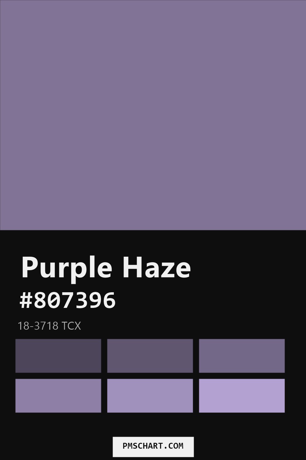 Pantone Purple Haze 18-3718 TCX color reference card (HEX #807396) with six nearest Pantone matches