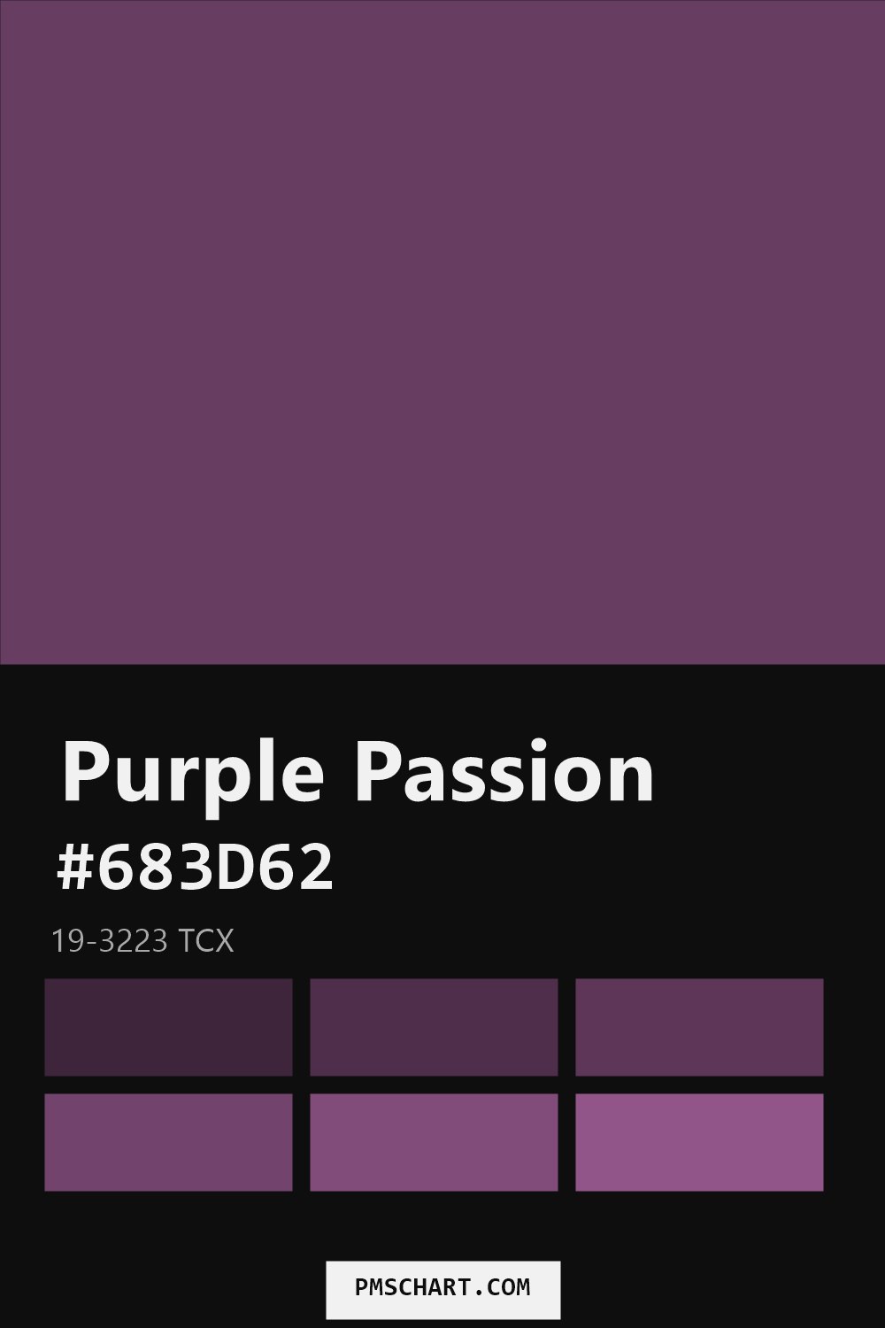 Pantone Purple Passion 19-3223 TCX color reference card (HEX #683D62) with six nearest Pantone matches