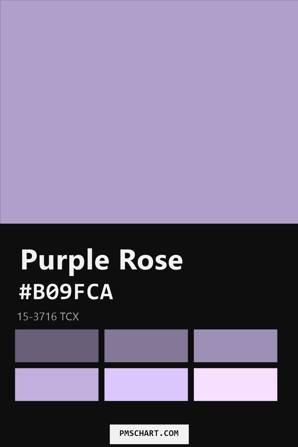 Pantone Purple Rose 15-3716 TCX color reference card (HEX #B09FCA) with six nearest Pantone matches