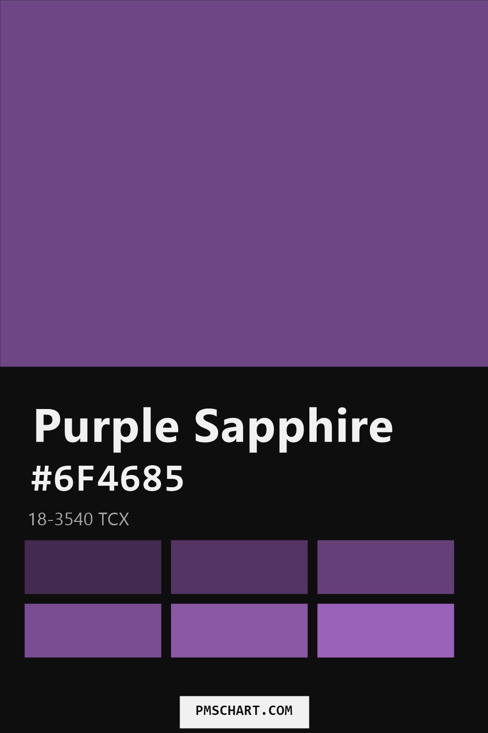 Pantone Purple Sapphire 18-3540 TCX color reference card (HEX #6F4685) with six nearest Pantone matches