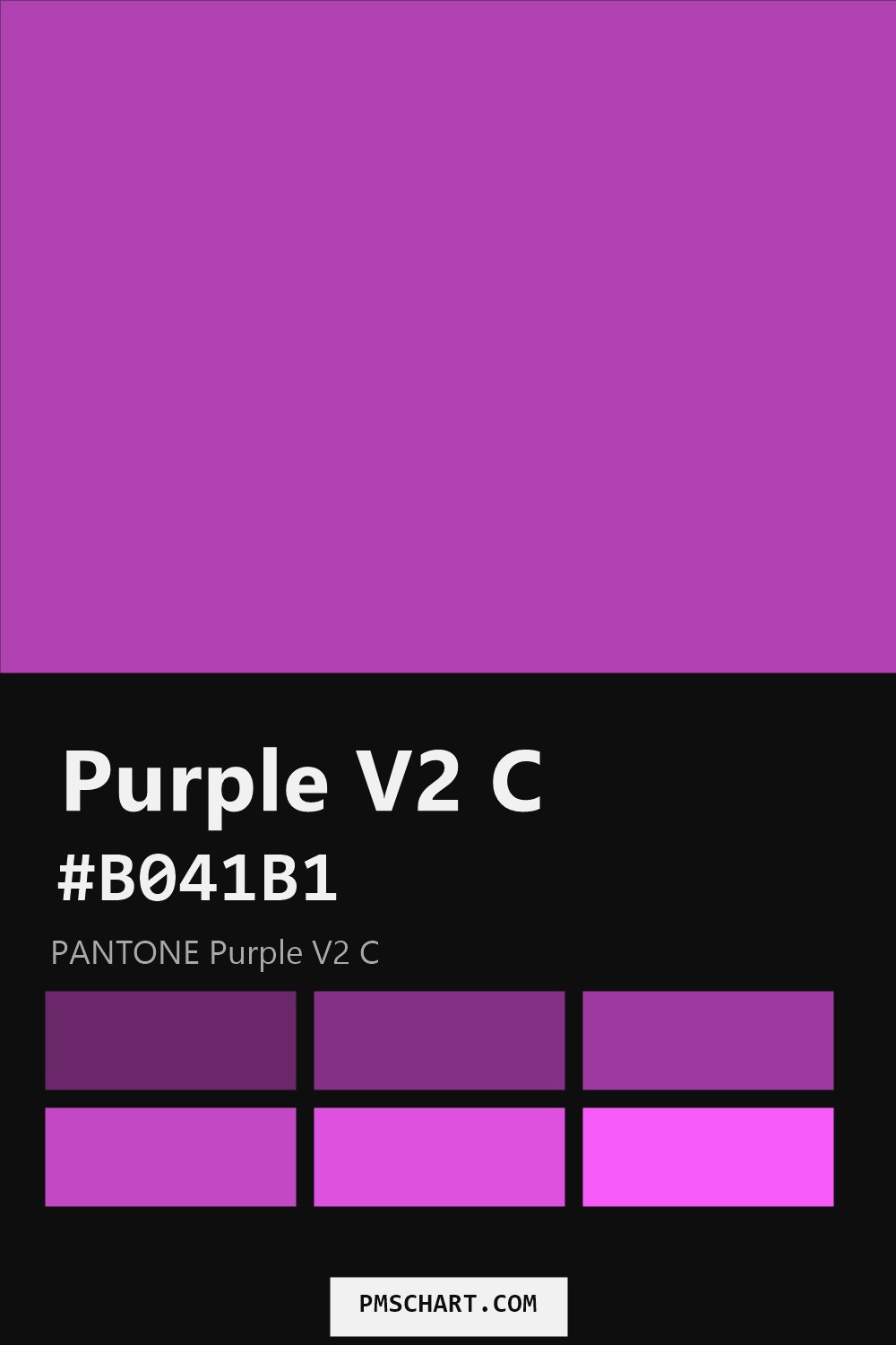Pantone Purple V2 C color reference card (HEX #B041B1) with six nearest Pantone matches