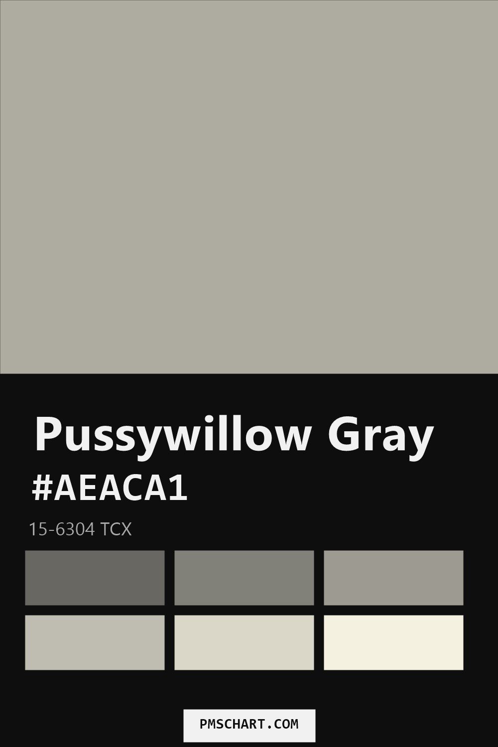 Pantone Pussywillow Gray 15-6304 TCX color reference card (HEX #AEACA1) with six nearest Pantone matches