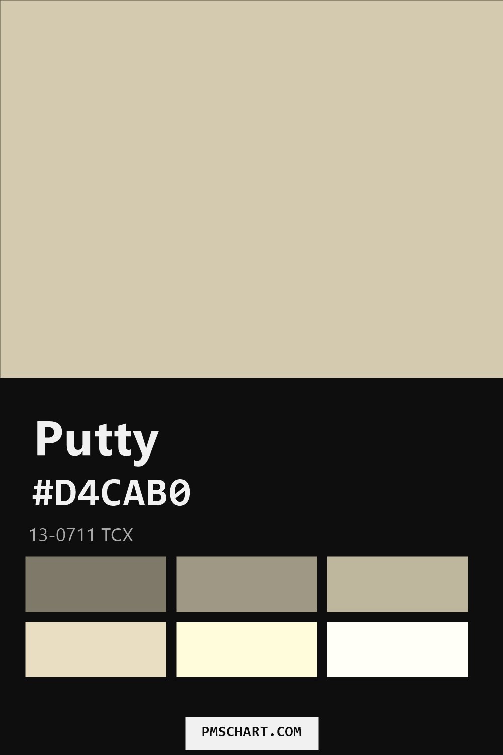 Pantone Putty 13-0711 TCX color reference card (HEX #D4CAB0) with six nearest Pantone matches