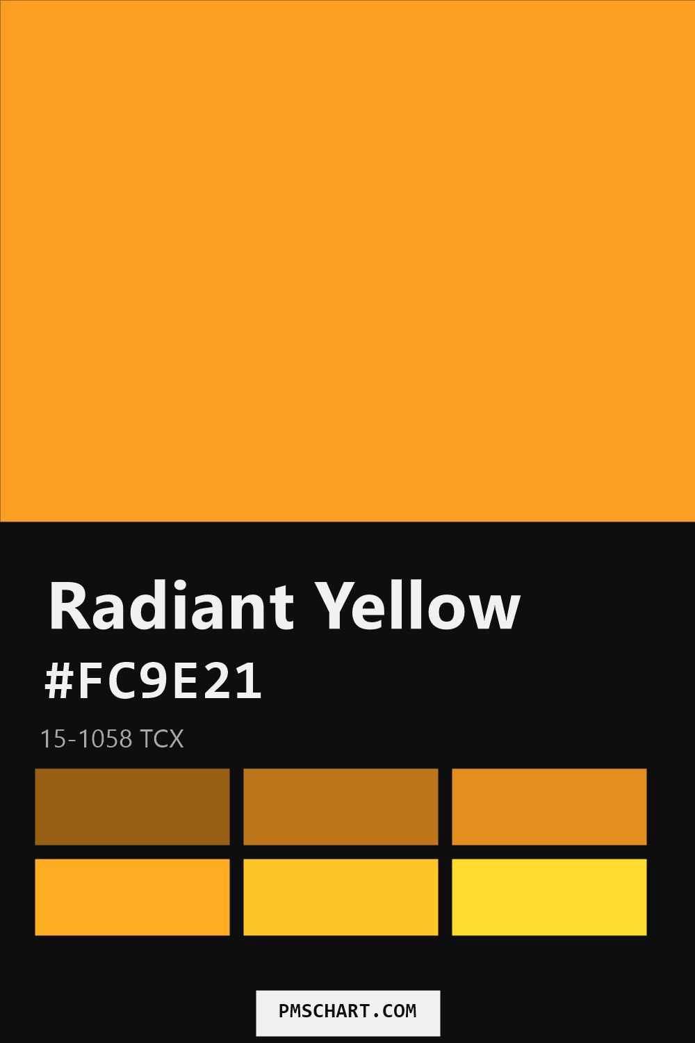 Pantone Radiant Yellow 15-1058 TCX color reference card (HEX #FC9E21) with six nearest Pantone matches