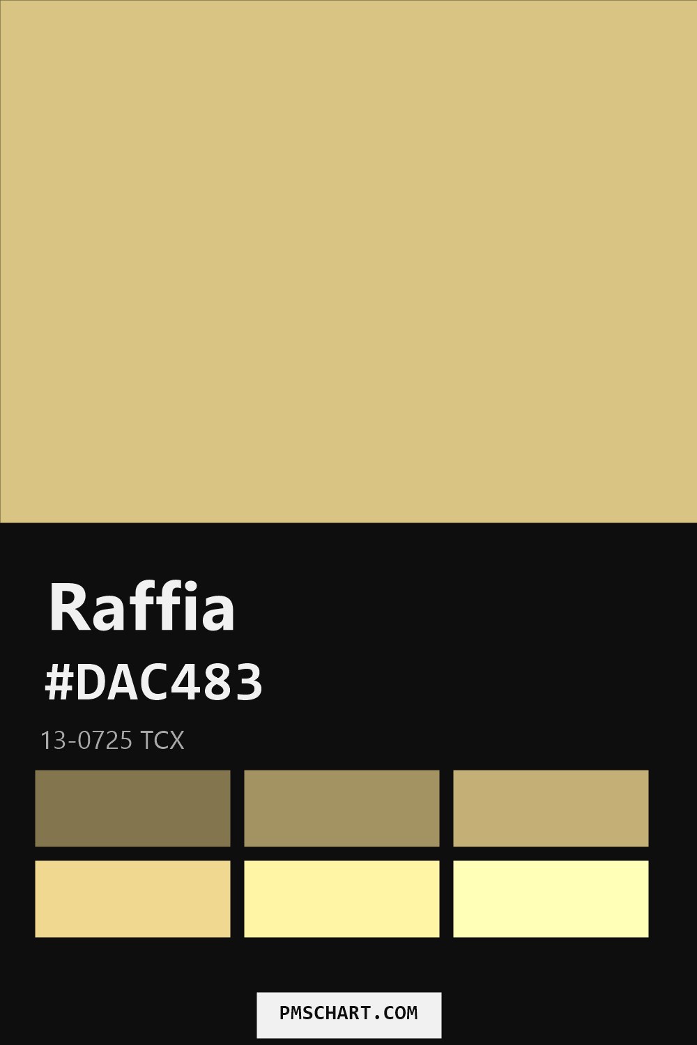 Pantone Raffia 13-0725 TCX color reference card (HEX #DAC483) with six nearest Pantone matches