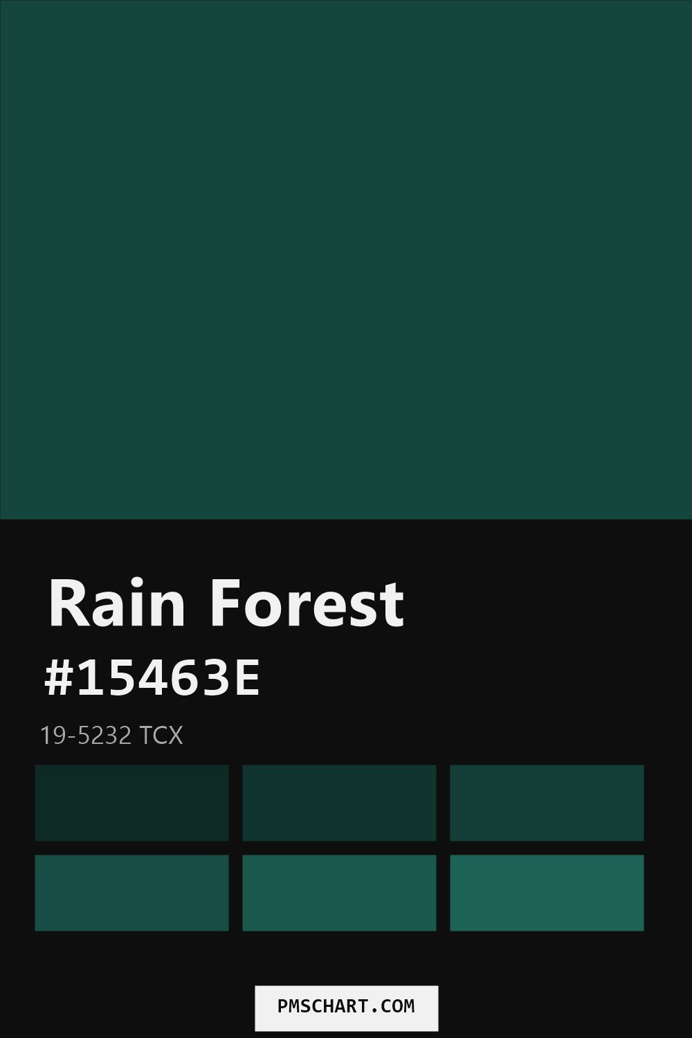 Pantone Rain Forest 19-5232 TCX color reference card (HEX #15463E) with six nearest Pantone matches