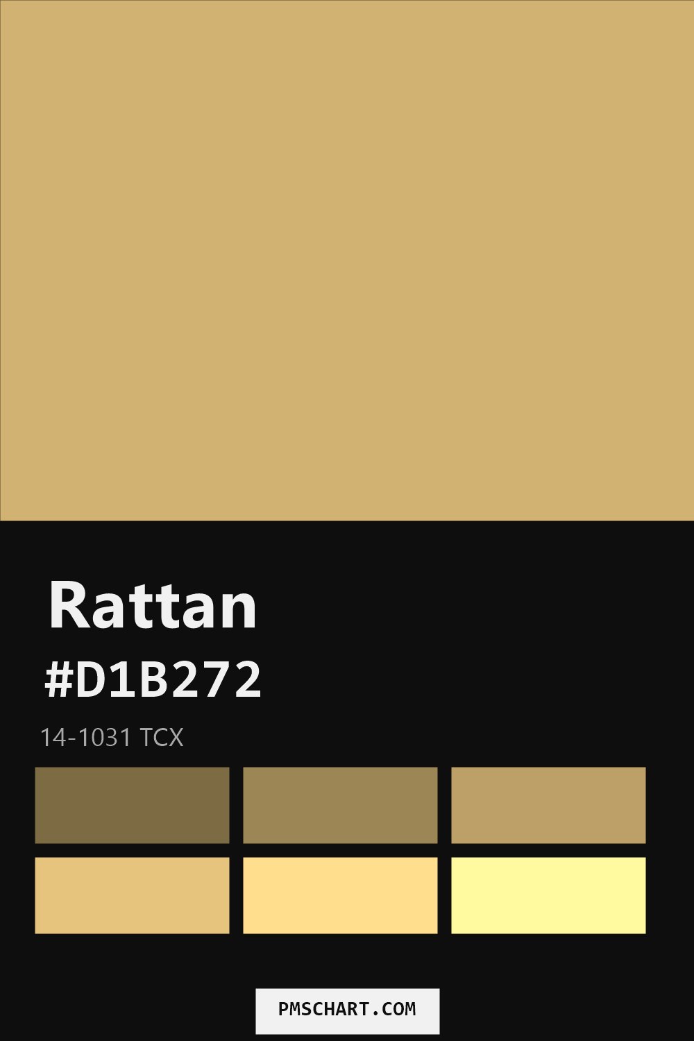 Pantone Rattan 14-1031 TCX color reference card (HEX #D1B272) with six nearest Pantone matches