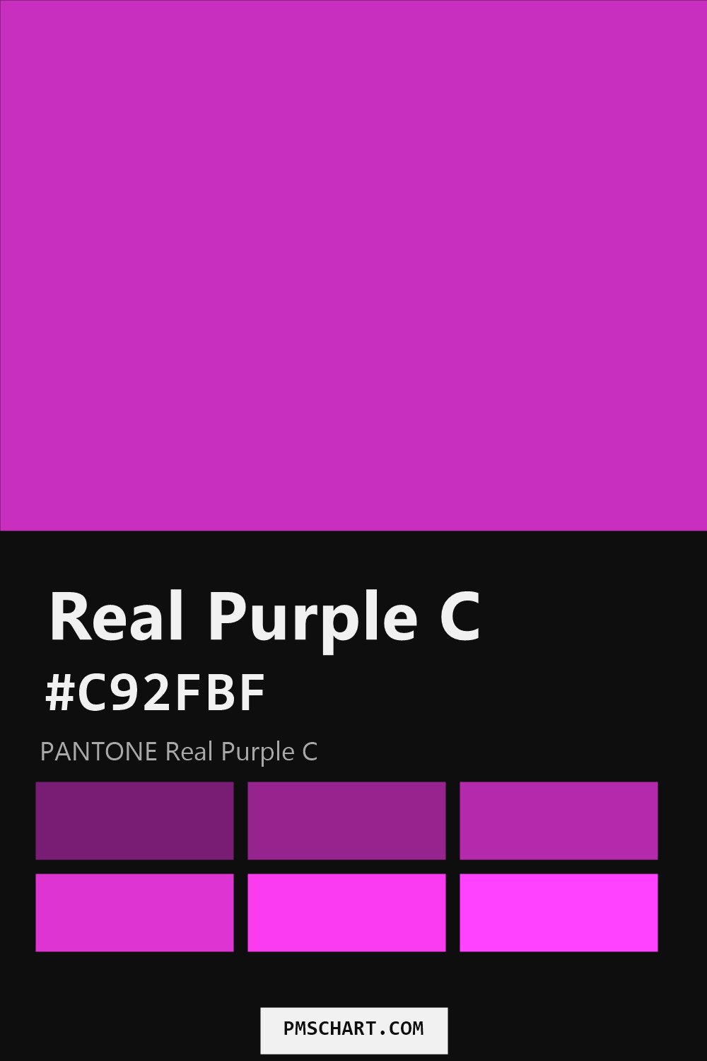 Pantone Real Purple C color reference card (HEX #C92FBF) with six nearest Pantone matches