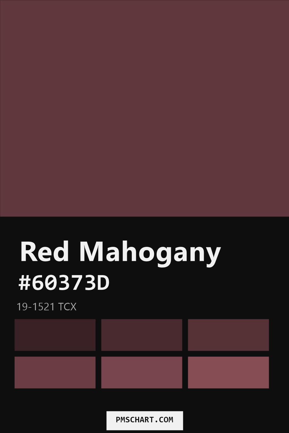 Pantone Red Mahogany 19-1521 TCX color reference card (HEX #60373D) with six nearest Pantone matches