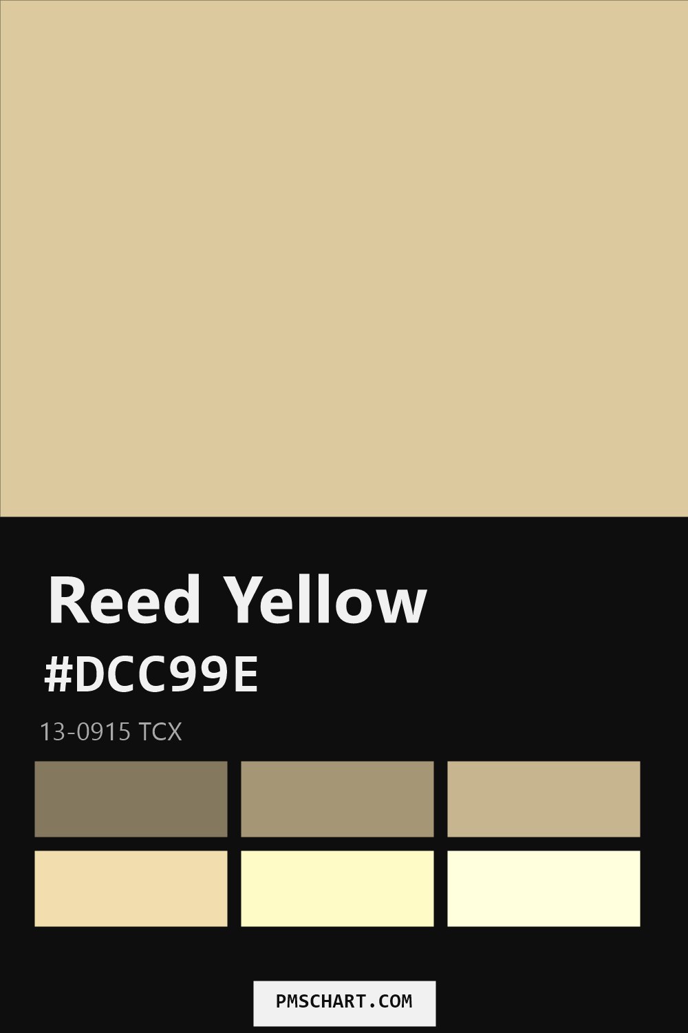 Pantone Reed Yellow 13-0915 TCX color reference card (HEX #DCC99E) with six nearest Pantone matches